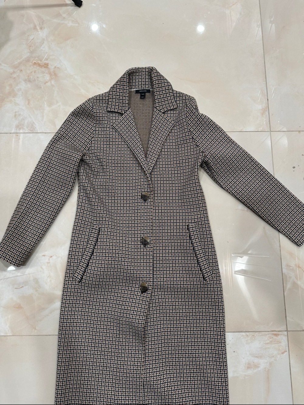 RW&CO. Houndstooth Tailored Long Blazer in Black, Cream & Tan